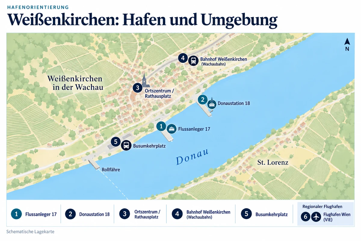 Schematische Hafenkarte von Weißenkirchen in der Wachau mit den Donaustationen 17 und 18 am linken Donauufer, Ortszentrum mit Rathausplatz, Bahnhof der Wachaubahn und Busumkehrplatz. Flughafen Wien (VIE) in einer separaten Regionalübersicht.