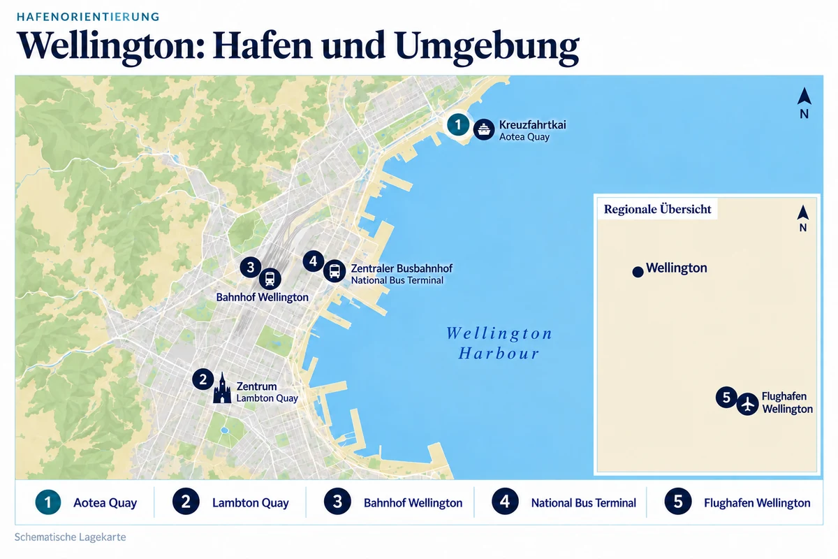 Schematische Hafenkarte von Wellington mit Kreuzfahrtkai Aotea Quay, Zentrum an der Lambton Quay, Bahnhof Wellington und benachbartem National Bus Terminal. Eine separate regionale Übersicht zeigt den Flughafen Wellington südöstlich der Innenstadt.
